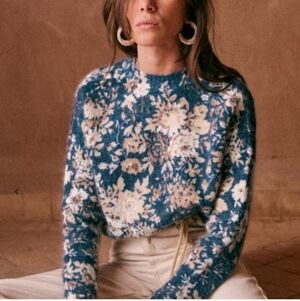 Sezane Azelee In Cara Floral Knit Sweater in Blue and Cream